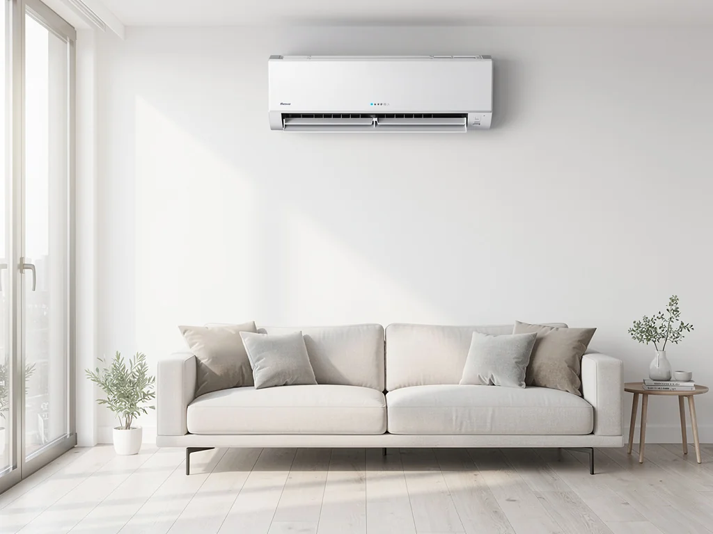 Climatiseur mural blanc en fonctionnement dans un salon clair et moderne
