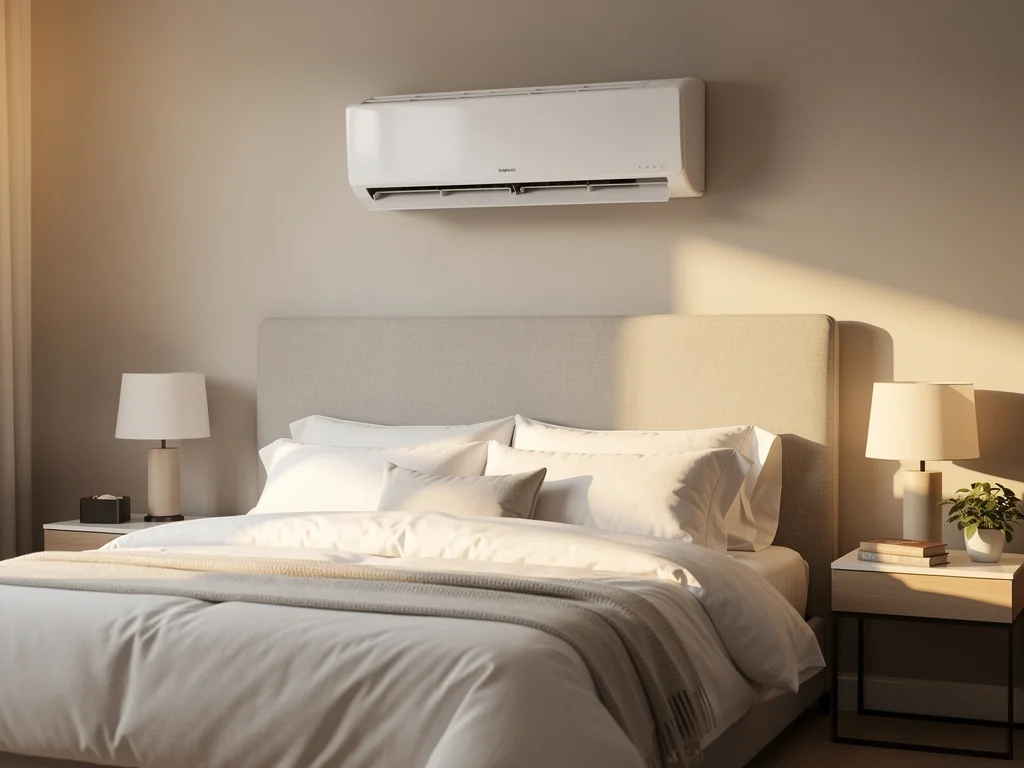 Split de climatisation fixé au-dessus du lit dans une chambre cosy