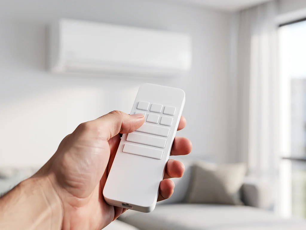 Main réglant une climatisation réversible avec sa télécommande